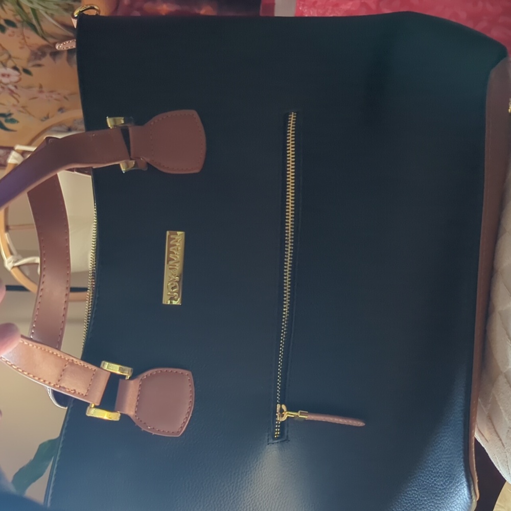 Joy & Iman Leather Black Tote w/ Brown Handles. Multiple Organizational Features